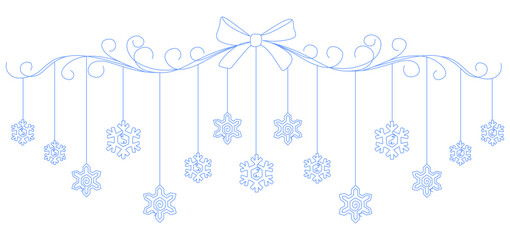 A minimalist line art illustration of Christmas decorations with hanging snowflakes and a large bow in the center. The design is created in a continuous blue line style, giving it an elegant 