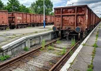 Obraz premium Rusted freight wagons parked in overgrown rural station with cracked concrete platforms and weeds sprouting through rails in cinematic atmospheric decay scene