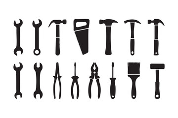Hand Tools Icon Set Black and White Silhouette Vector Illustration