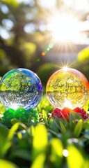 Glass orbs sit in grass, sunburst. Bokeh background