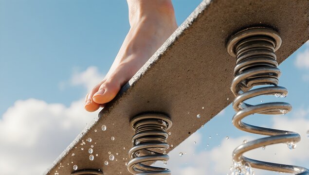 Bare feet gripping springboard before swimming jump