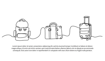 Continuous line design of backpacks and suitcases. Single line decorative element drawn on white.