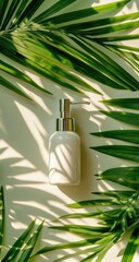 White bottle pump, surrounded by green palm fronds, top-down