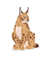 Happy Eurasian lynx sits and relaxes. Cute big wild cat with tufts on its ears and spotted coat. Wildlife of European forest. Fauna of woodland. Flat isolated vector illustration on white backgroun