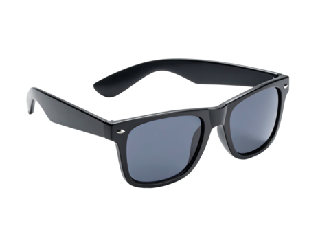Classic black sunglasses with a rectangular frame, set against a dark background