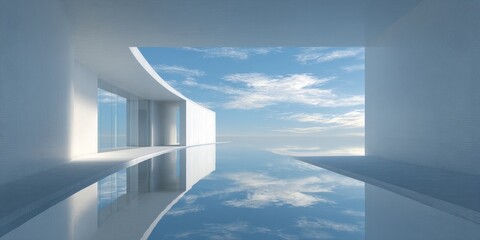 Obraz premium Bright minimalist architectural space with reflective water and open sky view.