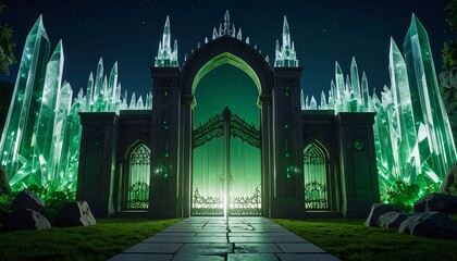 Mysterious Gate at Night with Glowing Crystals and Green Light