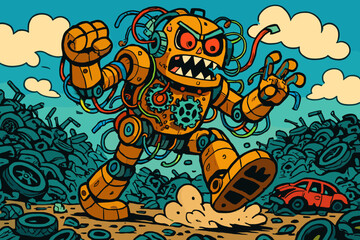 Wires made illustration mechanical monster gears rampage vector stomping scrapyard through