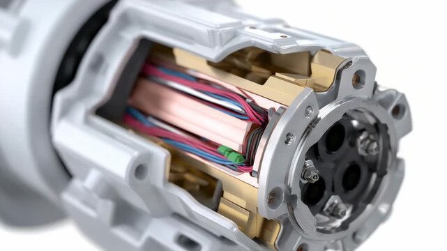 inner workings of an electric motor showing its rotor and stator in detailed close-up shots during assembly