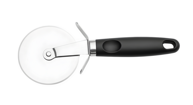 Sleek pizza cutter with stainless steel blade and ergonomic black handle isolated on transparent background, perfect for slicing through your favorite pizza with ease - Powered by Adobe