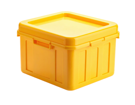 A vibrant yellow storage container with a lid and latches, isolated on black