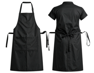 Front and back view of a black apron over a black short-sleeved uniform