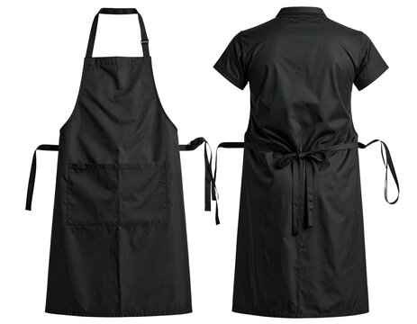 Front and back view of a black apron over a black short-sleeved uniform