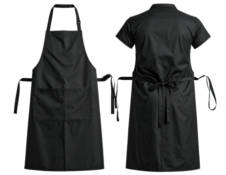 Front and back view of a black apron over a black short-sleeved uniform