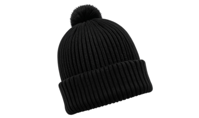 Classic Black Knit Beanie with Pom Pom, Front View