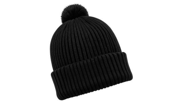 Classic Black Knit Beanie with Pom Pom, Front View