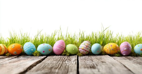 Colorful Easter Eggs on Wooden Surface with Grass