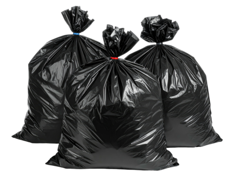 Three black garbage bags, tied with colored ties, against a transparent backdrop