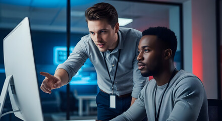 Collaborative Innovation Two Tech Professionals Coding Together Teamwork for Success Shared Expertise in IT Environment Diverse Team Solving Problems Tech Leadership Future