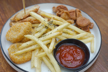A delicious plate of golden fried snacks with ketchup and crispy fries on a wood background