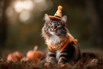Adorable Cat in Halloween Costume with Autumn Leaves 
