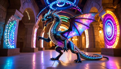 Mythical Dragon Statue in Luminous Archway Setting