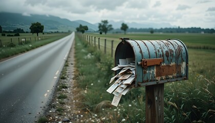 Generated image: A weathered mailbox on a rural roadside, letters spilling out as a strong wind sweeps across the field.