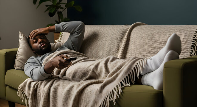 Lazy Sunday Afternoon African American Man Relaxing on Couch Enjoying Leisure Time Binge Watching Television Holding Remote Control Comfortable Home Rest Time Serenity