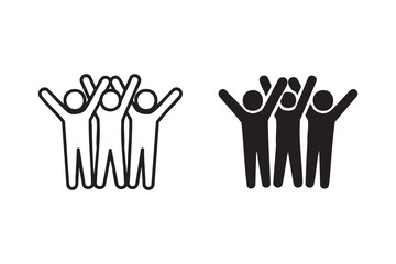 Teamwork Icon Group of People with Raised Hands Black and White Illustration
