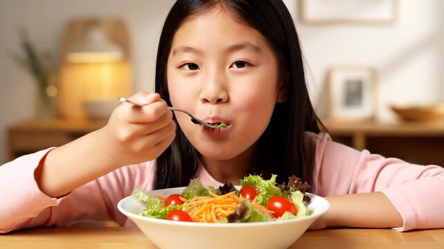 A young girl in a pink shirt eats a salad as the girl sits at a table. The girl holds a fork with lettuce and tomatoes above a bowl filled with salad.