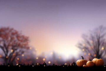 Halloween Gradient Sky with Silhouetted Trees and Pumpkins 
