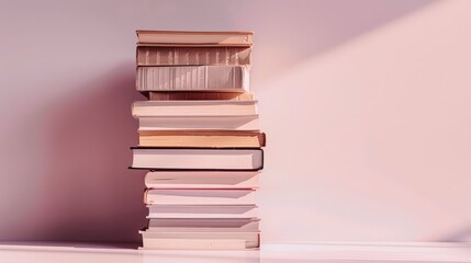 Stack of books on minimalist background. Clean aesthetic concept for reading and education.