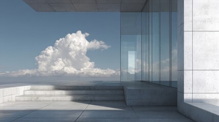 Obraz premium Modern concrete terrace with glass wall overlooking a cloudy sky