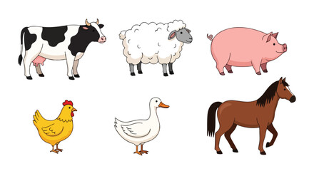 Obraz premium Farm Animals Collection Cow Sheep Pig Chicken Duck Horse Cute Cartoon Vector Illustration