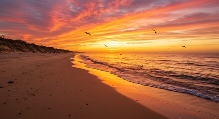 Obraz premium Sunset over a sandy beach with waves and birds flying in the sky