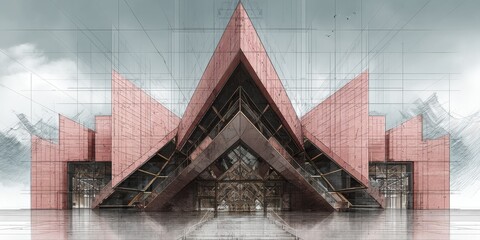 Detailed architectural sketch of geometric building with triangular forms and red facade.