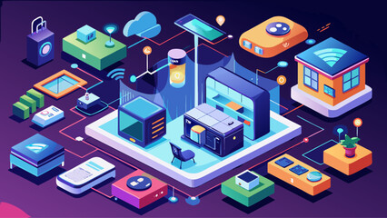 Fototapeta premium Isometric smart home environment with connected devices, IoT appliances, digital network, living room furniture, kitchen utilities, automated systems, AI security, renewable energy panels, eco-