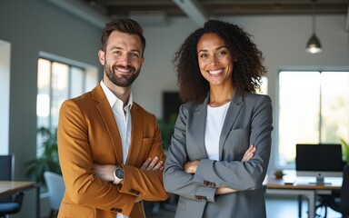 Portrait of two caucasian confident successful company employees, business colleagues, a man and a woman, stand near the desktop in a modern office, look at the camera, smile friendly. High quality