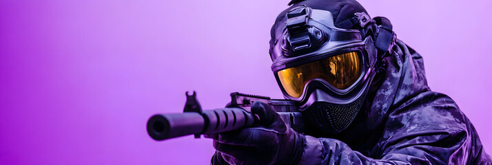 Naklejka premium Palette of Pain: A Bright and Energetic Scene from a Colourful Paintball Competition wide banner - purple background