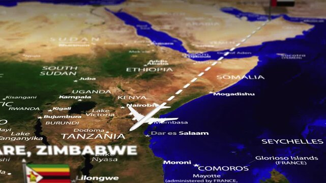 Flight from Abu Dhabi UAE to Harare ZIMBABWE with flag pins