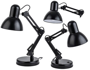 Four black adjustable desk lamps with rounded shades and articulated arms