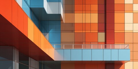 Abstract colorful modern building facade with geometric panels and balcony