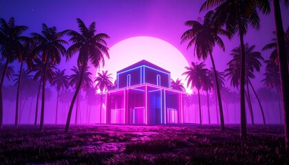 Neon Illuminated House at Sunset with Palm Trees and Purple Hues