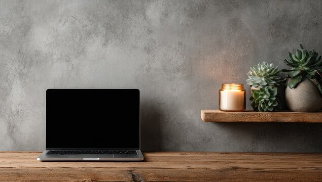 Laptop on rustic wood desk against textured wall, accompanied by lit candle and succulents on a shelf
