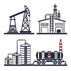 Obraz premium Collection of industrial oil and gas extraction and processing symbols including a pumpjack refinery storage tanks and a train car