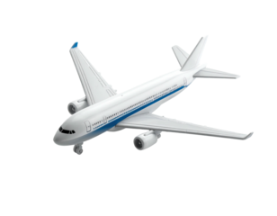 White passenger aircraft with blue accents, angled slightly, on a black background
