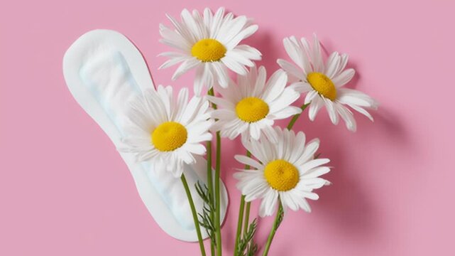 White sanitary pad nestled among vibrant daisies on a soft pink background, showcasing a harmonious blend of nature and feminine care, illustrating the connection between comfort and beauty in persona