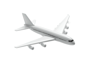 A sleek, white passenger jet in a slight upward angle, isolated on black