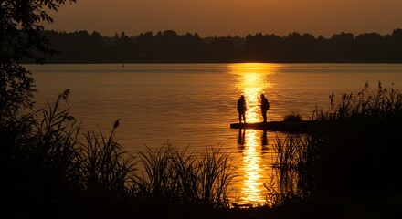 Two silhouetted figures standing on a dock at sunset, reflecting golden light on a calm lake.