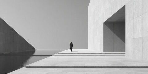 Lone Businessman Walking in a Minimalist Architectural Landscape